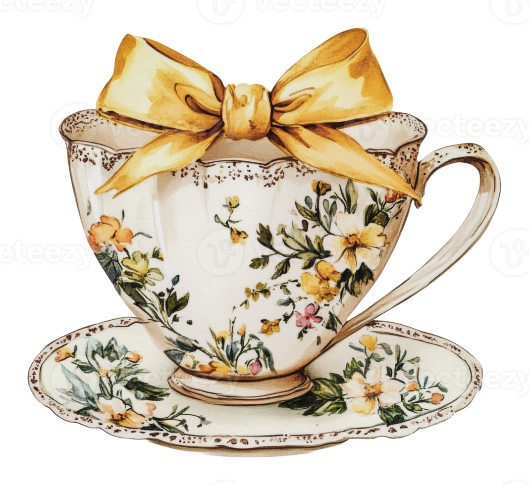 Elegant floral teacup with yellow bow decoration png
