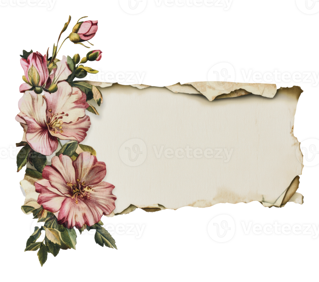 Vintage floral design with torn paper effect png