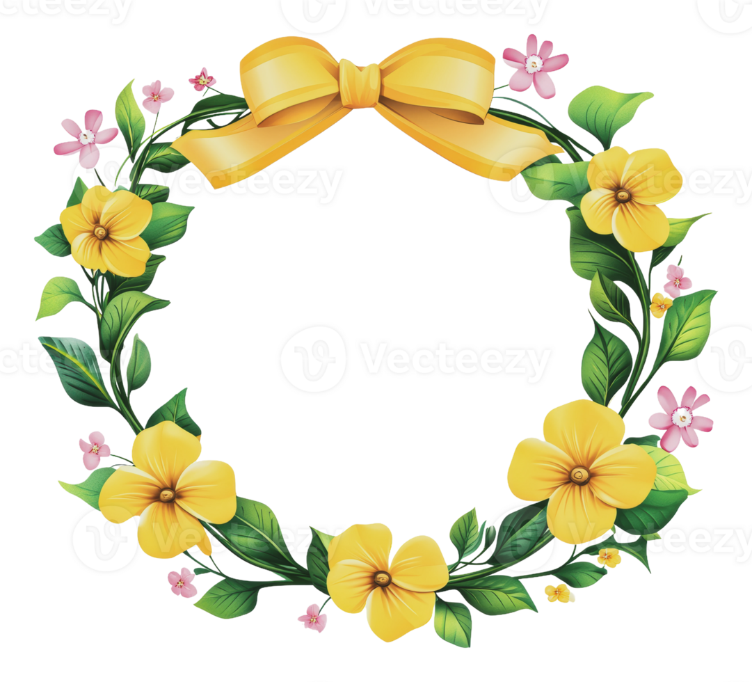 Bright floral wreath with yellow flowers and bow png