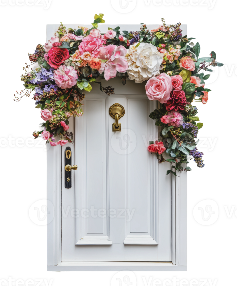 Beautiful floral arch adorns a white door png