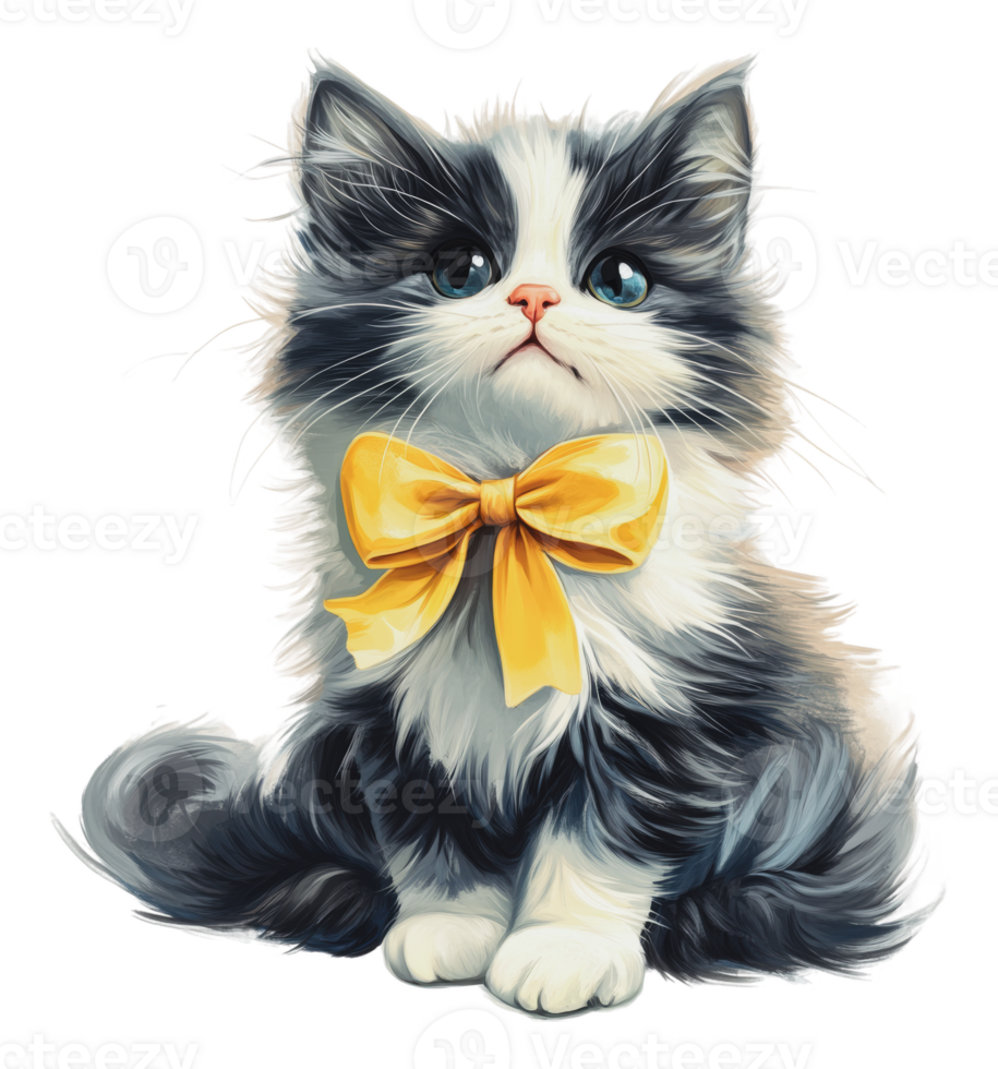 Cute fluffy cat with a yellow bow tie png