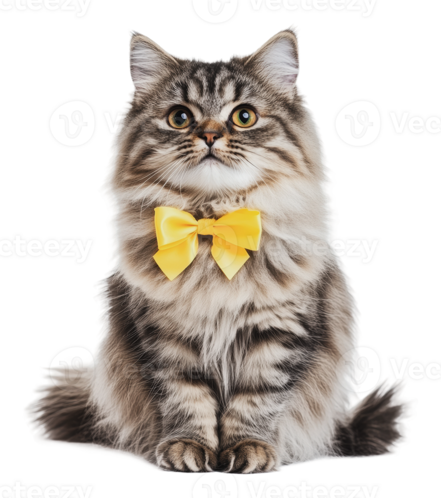 Fluffy cat wearing a yellow bowtie sits elegantly png