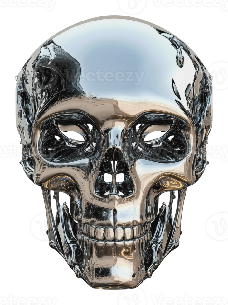 Detailed modern metallic skull sculpture png