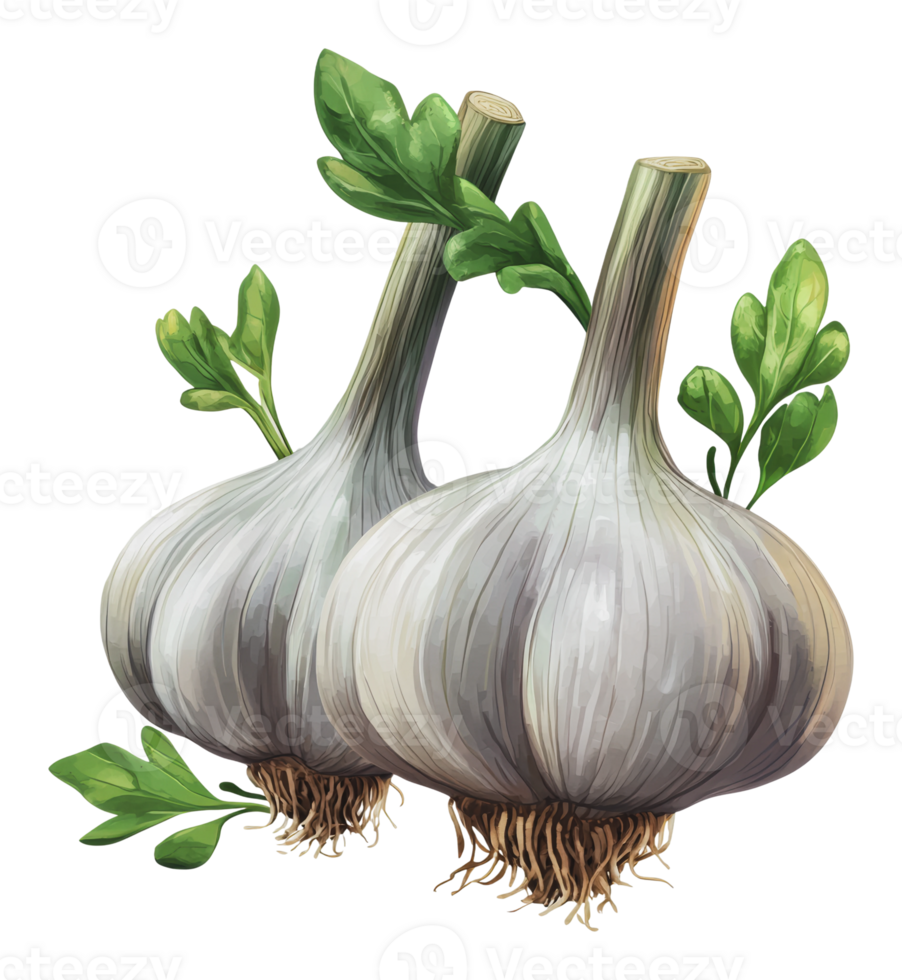 Freshly harvested garlic bulbs with green leaves png