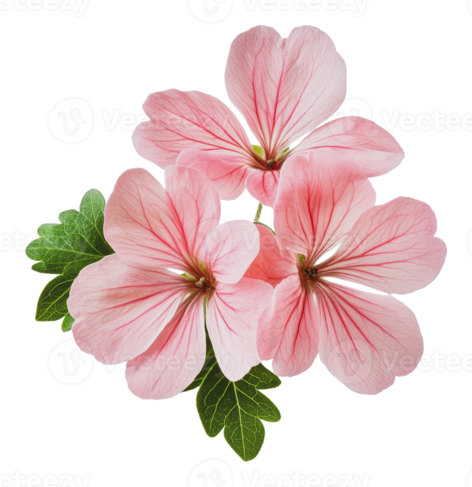 Pink geranium blooms with green leaves in focus png