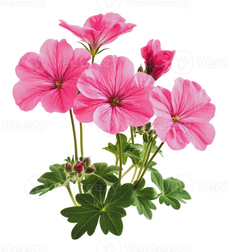Pink geraniums in full bloom with green leaves png