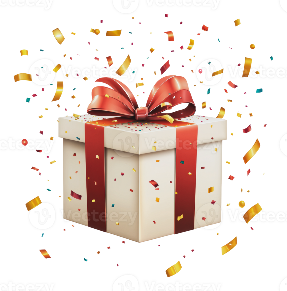 Colorful gift box with festive confetti falling png