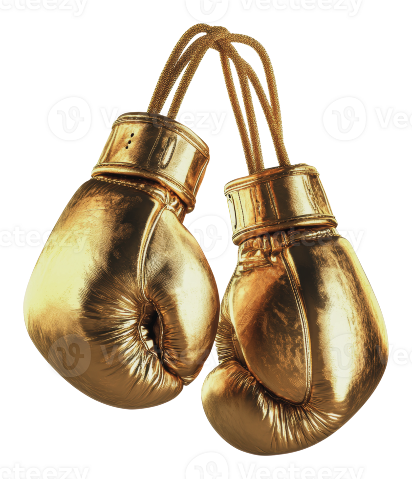 Golden boxing gloves hang in a striking display png
