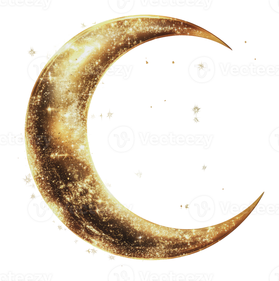 Golden crescent moon with sparkling stars png