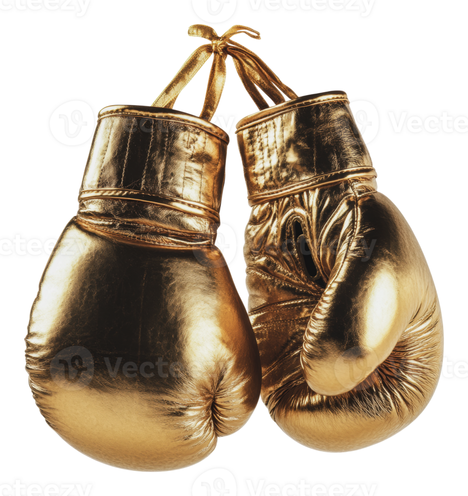 Golden boxing gloves hanging together in a studio png