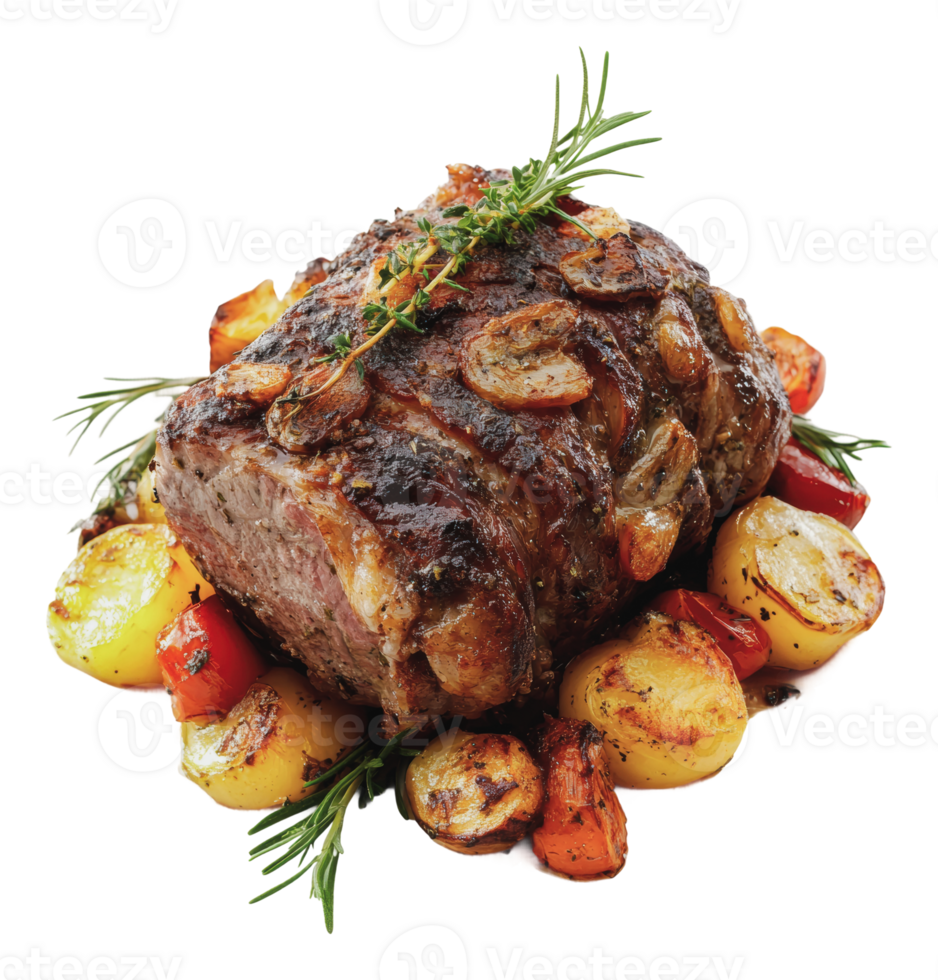 Perfectly roasted meat with aromatic vegetables png