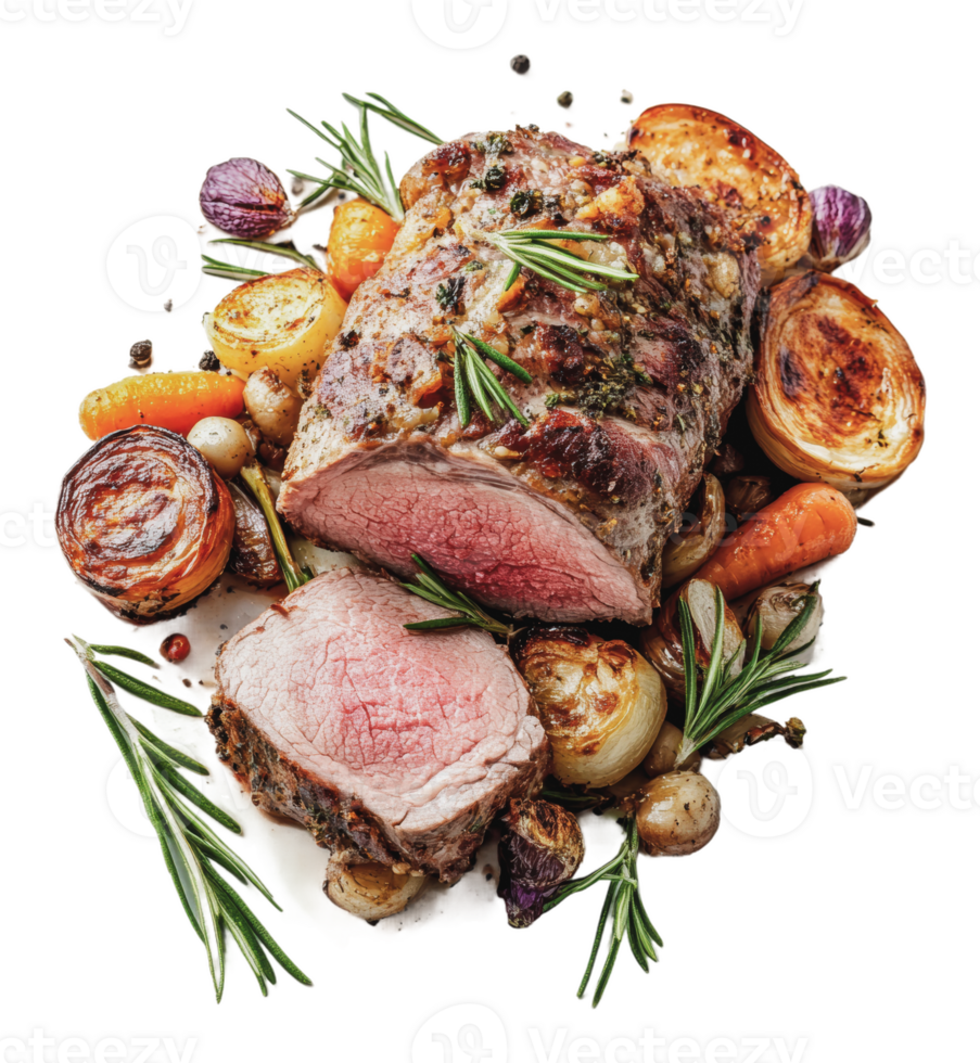 Juicy roast beef with vegetables and herbs png