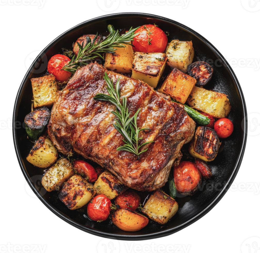 Grilled steak with roasted vegetables and herbs png