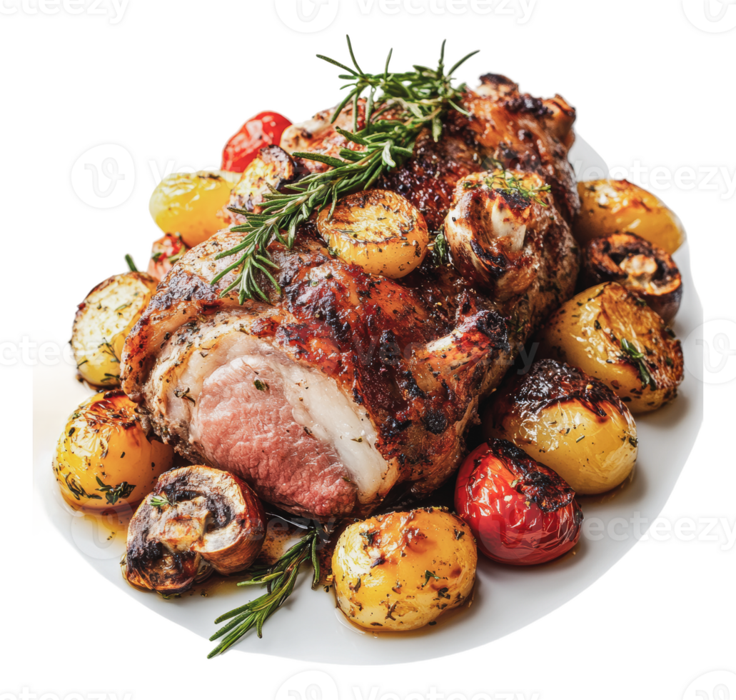 Roast meat with grilled veggies platter png