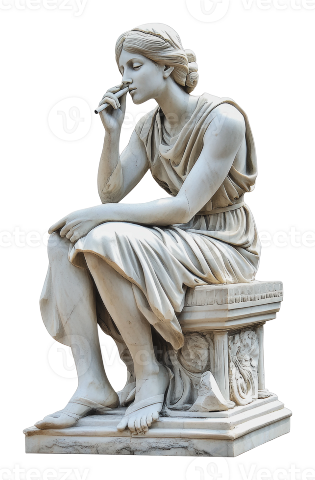 Beautiful marble statue of a seated woman thinking png