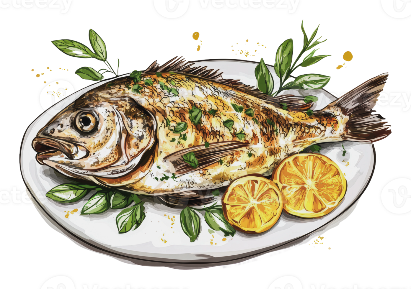 Grilled fish dish served with lemon and herbs png