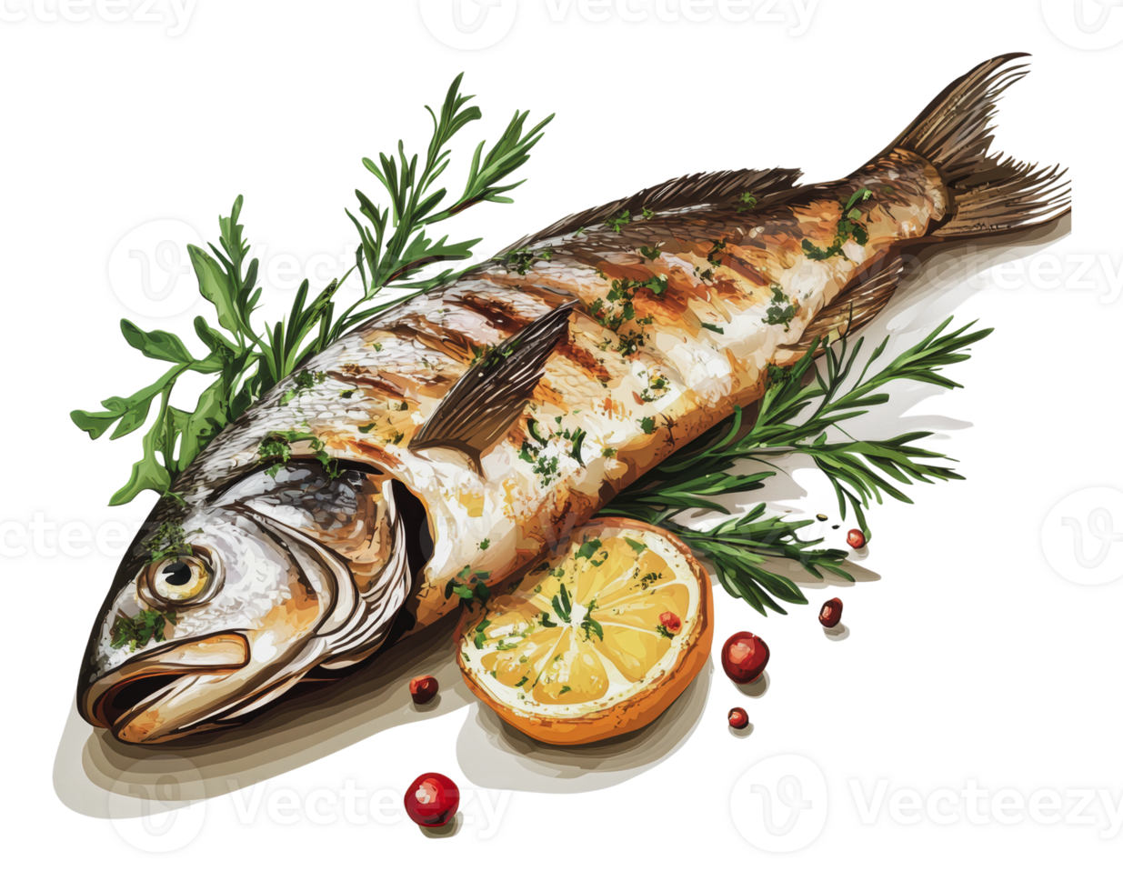 Grilled fish served with herbs and lemon slices png
