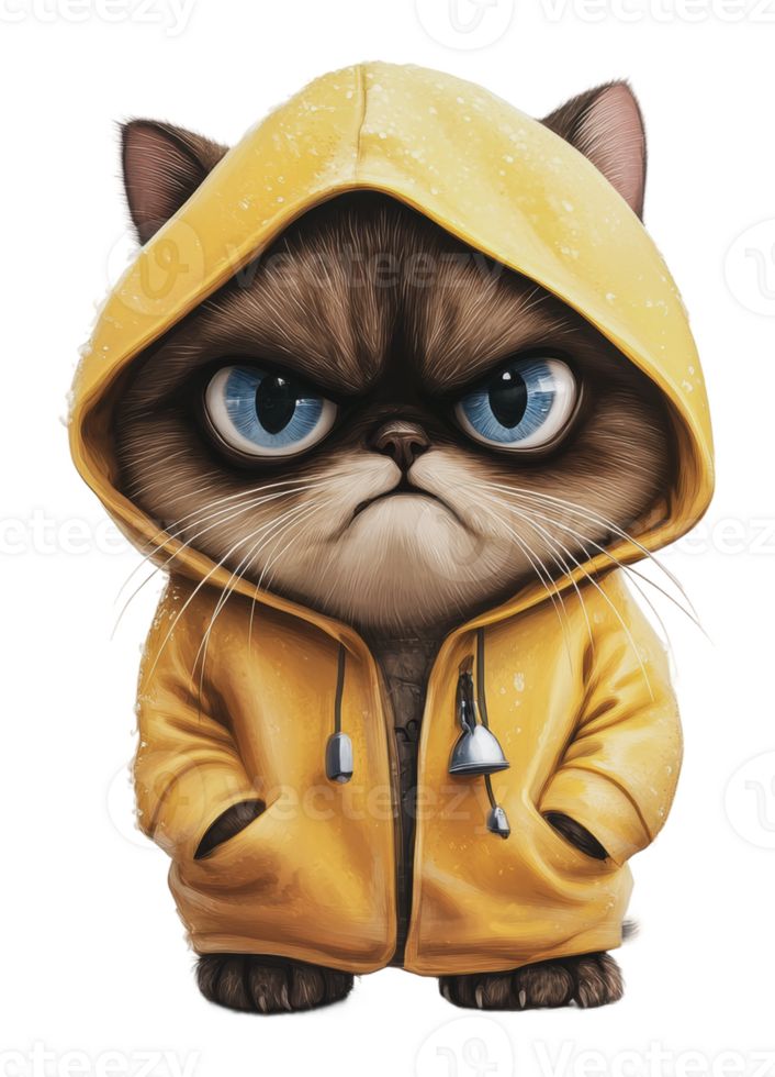 Grumpy cat in a yellow raincoat shows attitude png