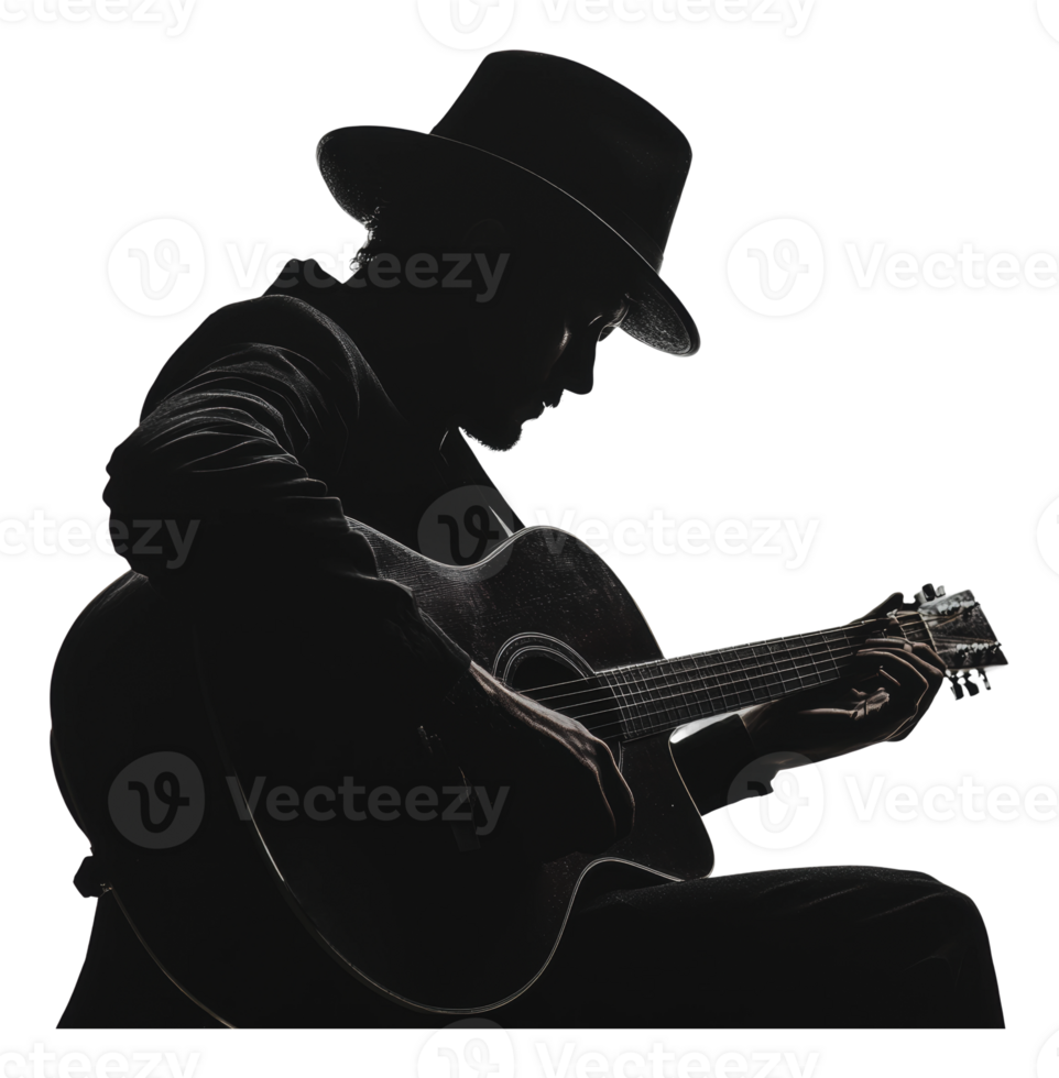 Musician playing guitar in silhouette at sunset png