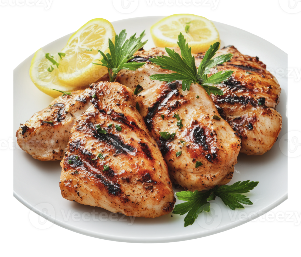 Grilled chicken with lemon and herbs on a plate png