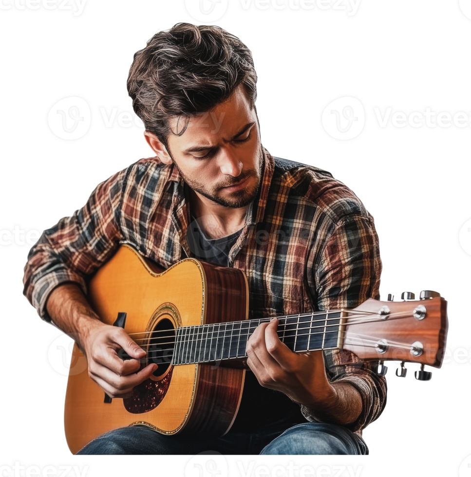 Guitarist expressing music indoors png