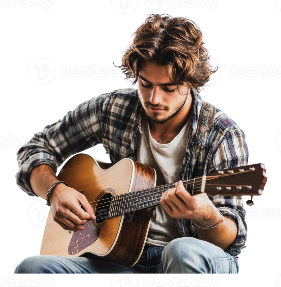 Young man playing guitar indoors with focus png