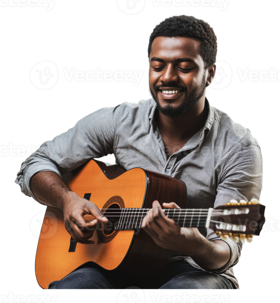 Joyful guitarist plays indoors png