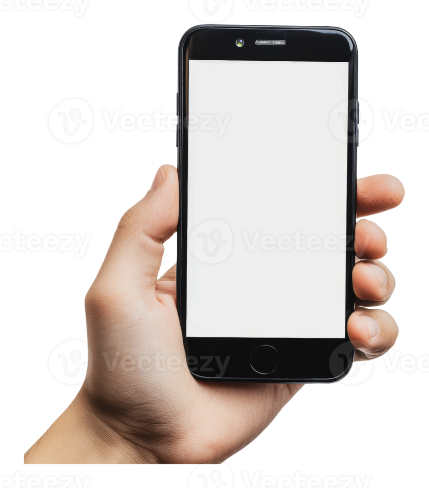 Hand holding a smartphone with a blank screen png
