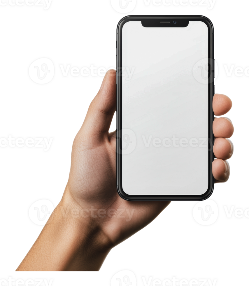 Hand holding a smartphone with blank screen png