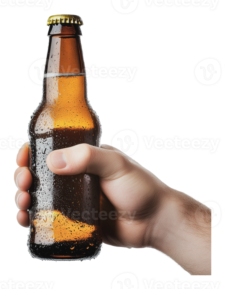 Hand holding a cold beer bottle in warm weather png