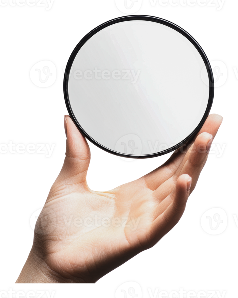 Hand holding a round mirror for reflection png