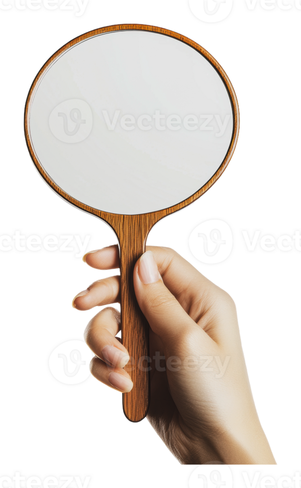 Hand holding a wooden mirror with a round design png