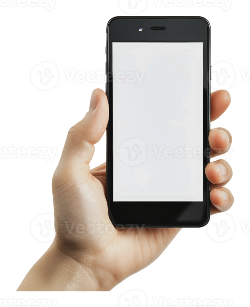 Holding a smartphone with a blank screen in hand png