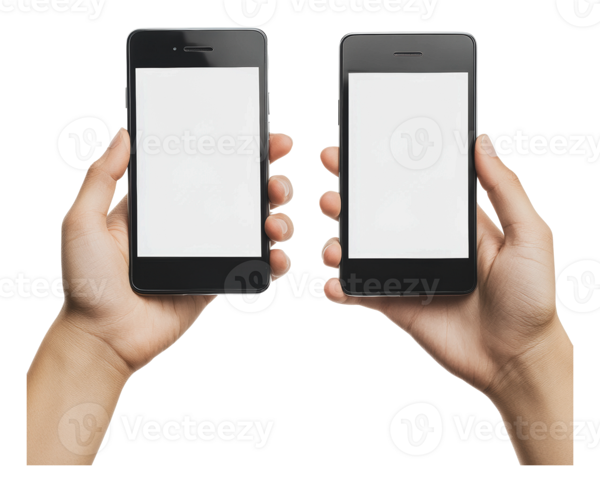 Two hands holding blank smartphones side by side png