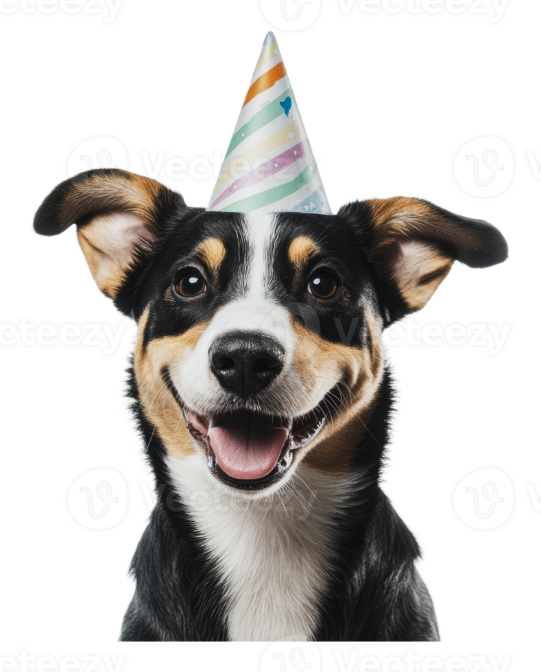 Happy dog celebrating a birthday with a party hat png