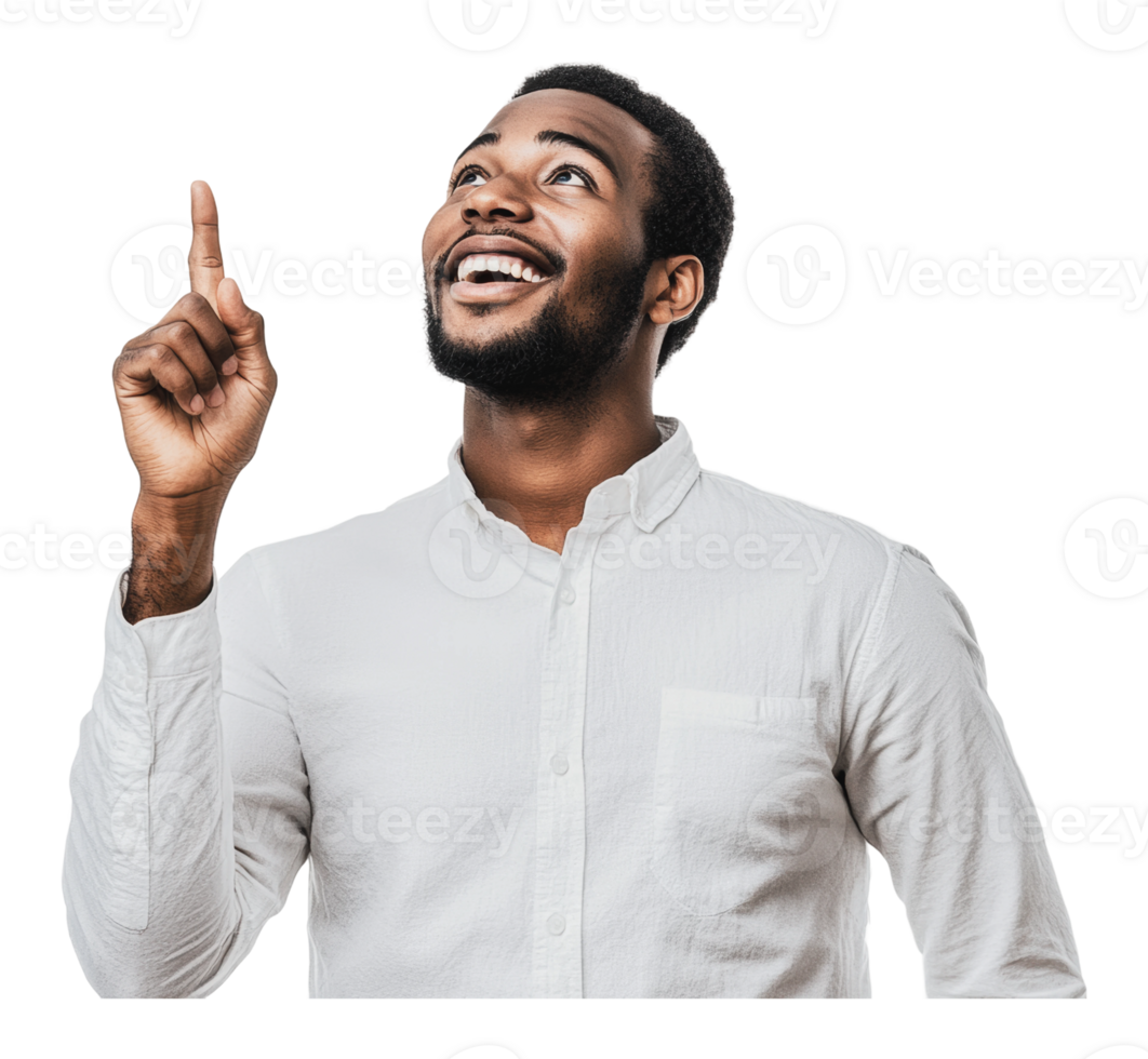 Man smiling and pointing up with enthusiasm png