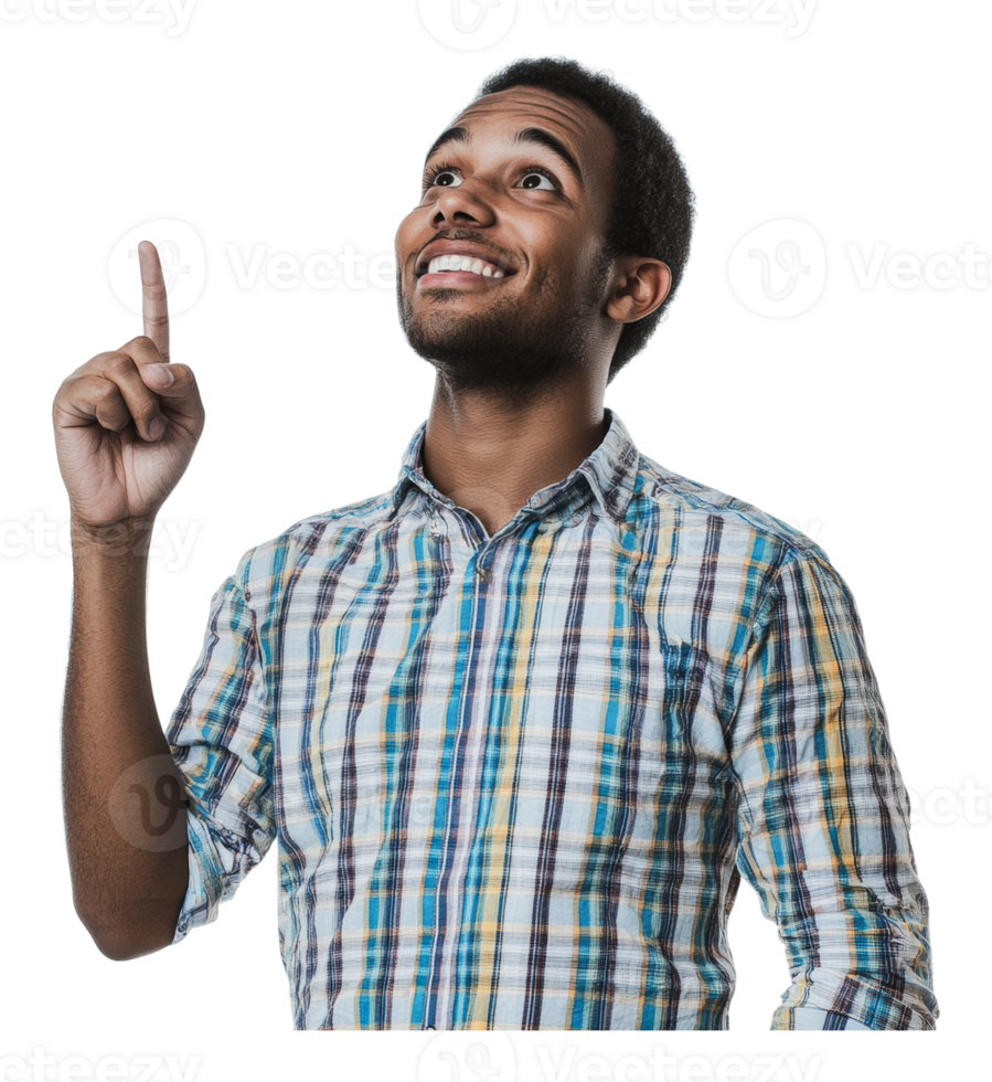 Man joyfully points upward with bright expression png