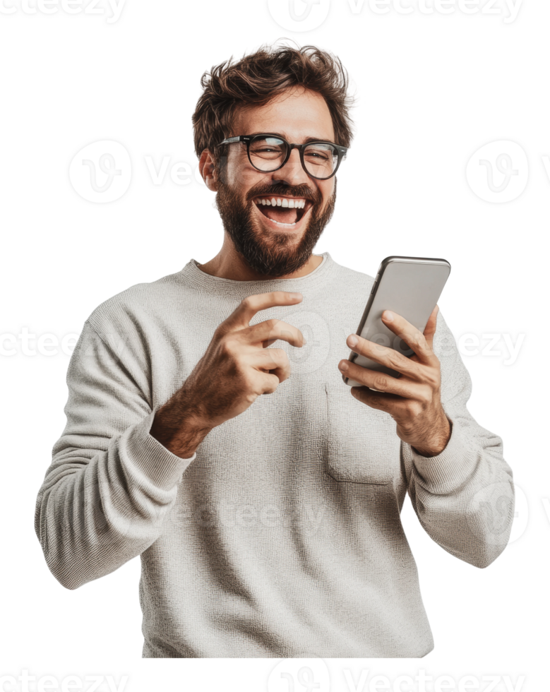 Excited man laughing with smartphone png