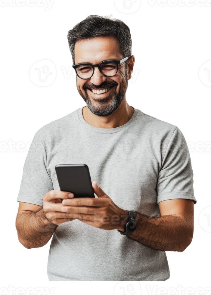 Man smiling while using smartphone indoors png