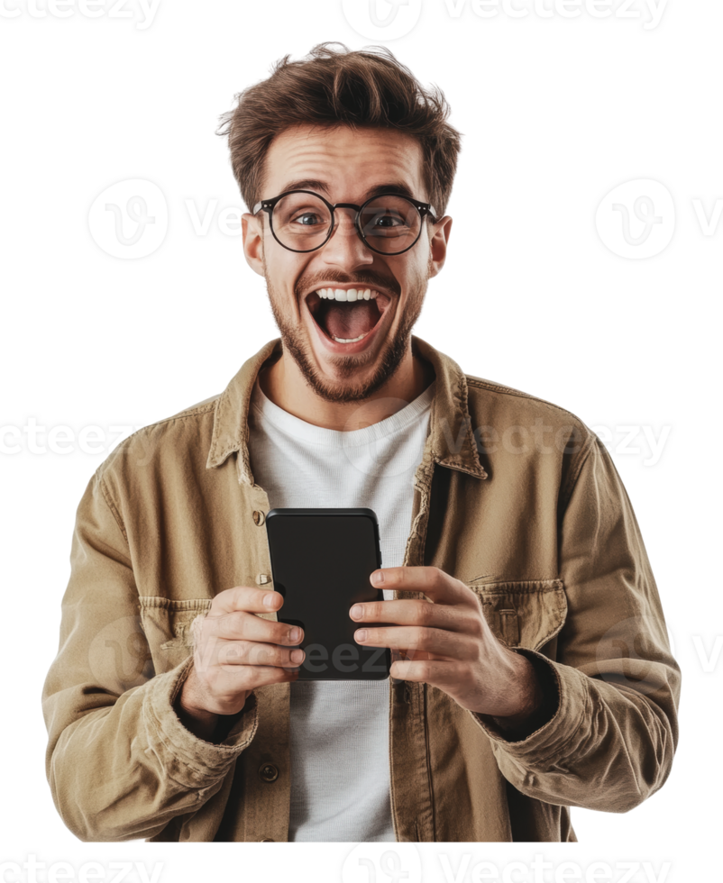 Happy young man with a smartphone png