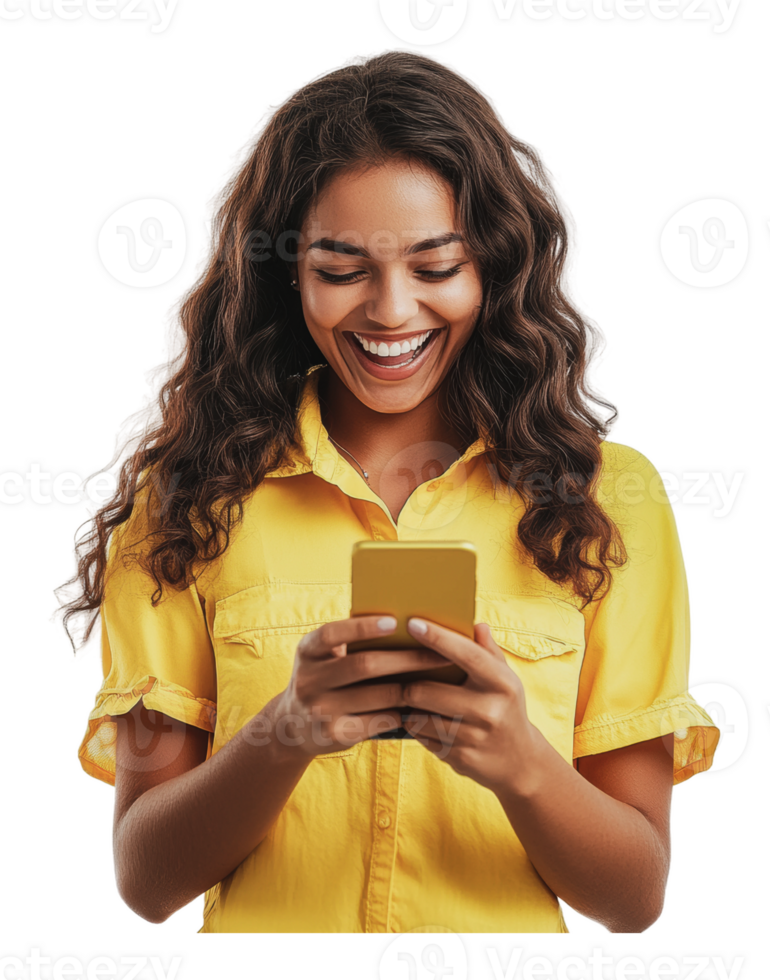 Smiling woman using smartphone in casual setting png