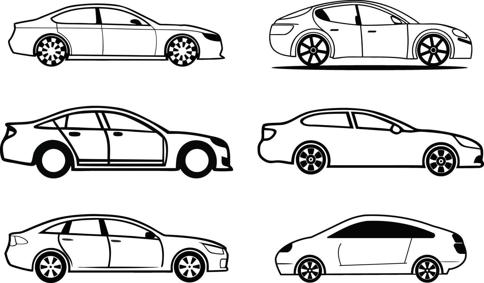 Set of 6 outline car silhouettes on a white background. Line art car Icon illustration. vector