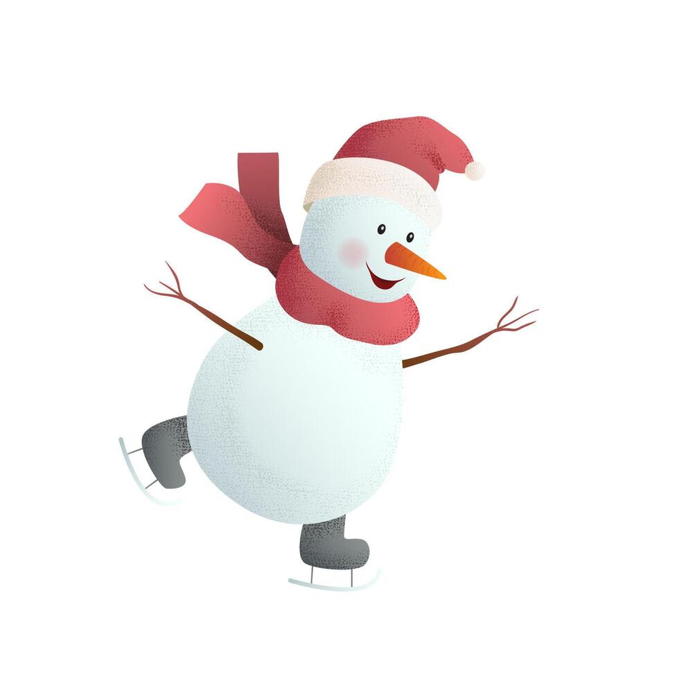 Charming 3D illustration of joyful snowman ice skating, wearing red scarf, Santa hat, and skates. Perfect for winter holidays, Christmas cards, and festive designs vector
