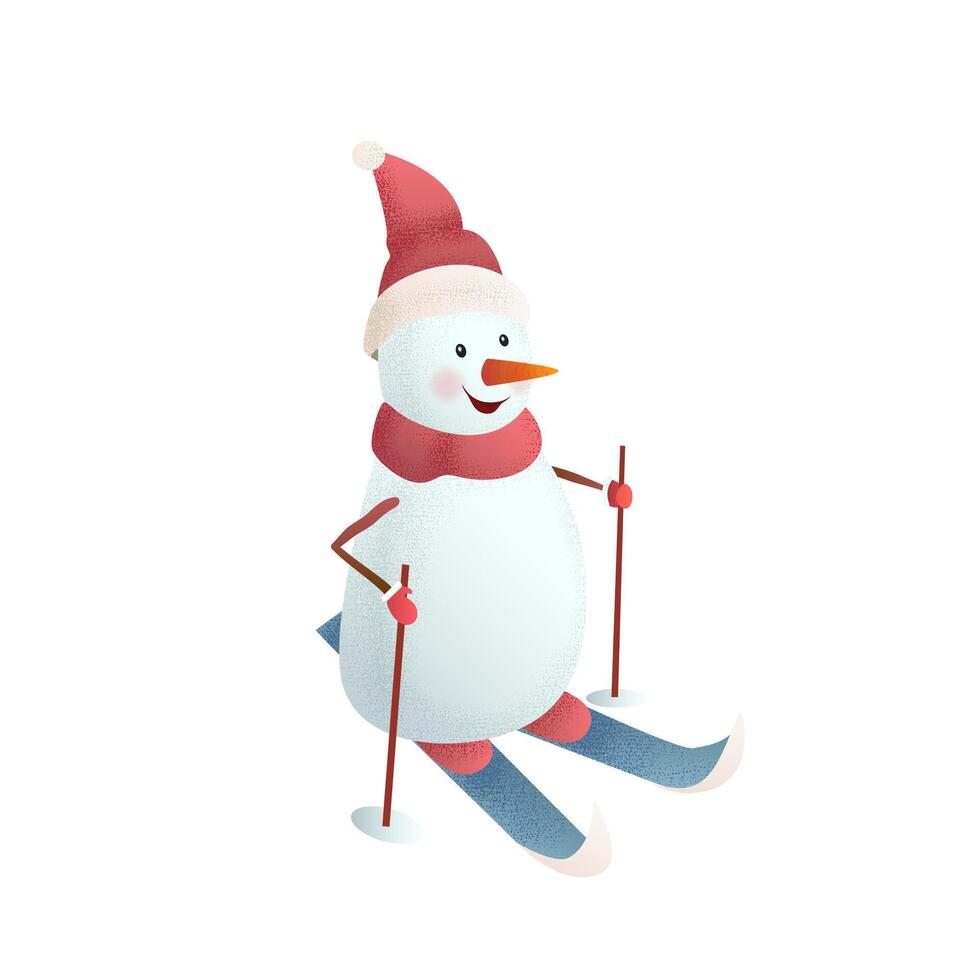 Playful 3D illustration of skiing snowman dressed in Santa hat and red scarf, holding ski poles. Ideal for holiday themed projects, winter sports graphics, and Christmas cards vector