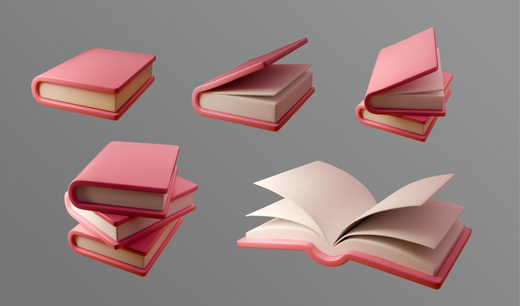 Set of 3D illustrations of pink books in different positions stacked, open, and closed. Perfect for education, reading, literature, library, study, or publishing related designs vector