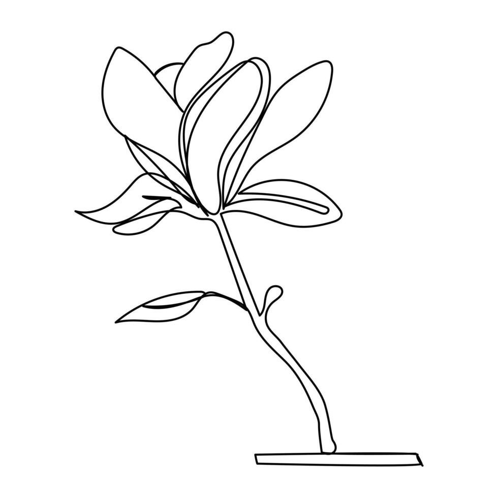 Magnolia with leaves one line drawing. vector