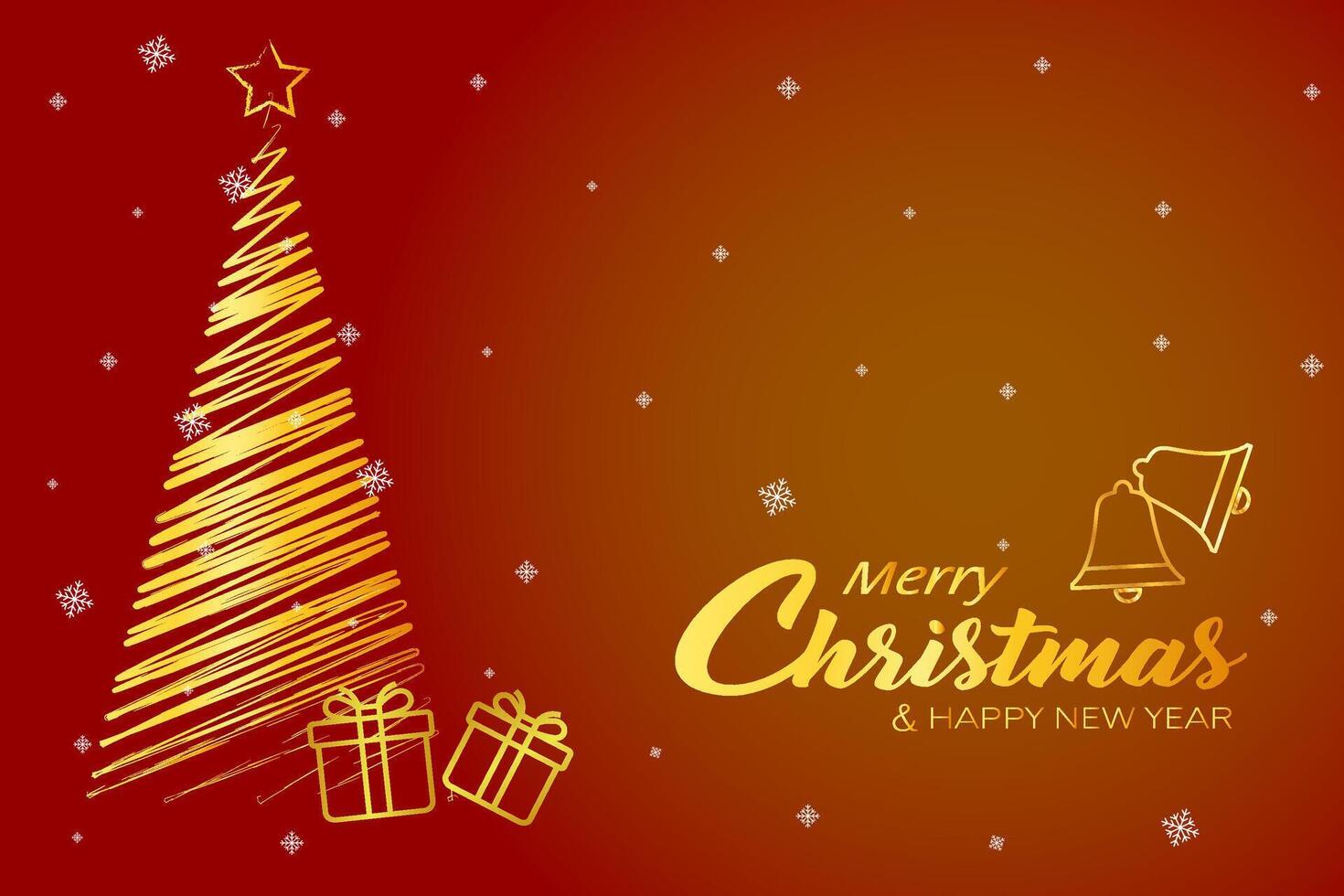 Christmas and New Year holiday banner illustration. Festive red background with realistic gold tree, gift boxes, snowflake and Christmas bells. vector