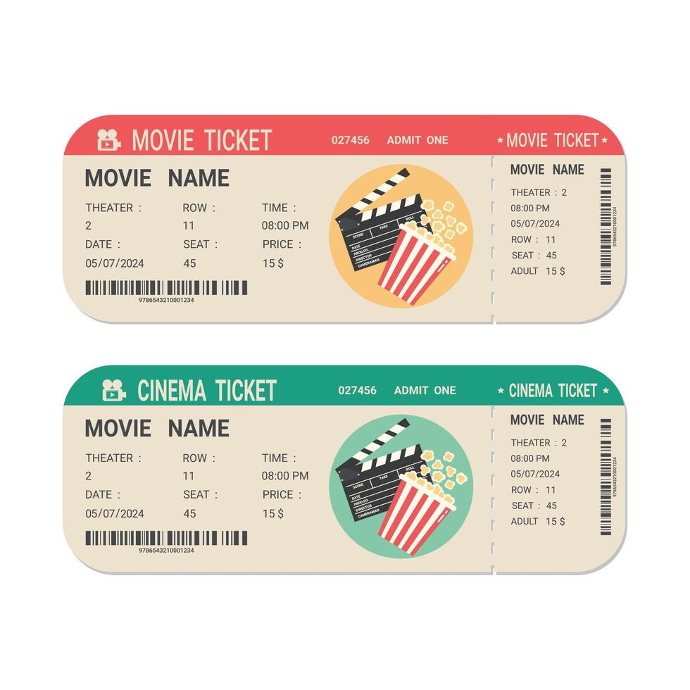 Cinema or movie tickets in retro style. Front view of vintage ticket template vector