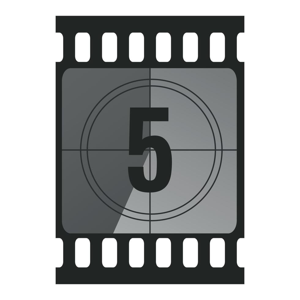 Countdown filmstrip frame piece with number five. Retro cinema movie timer counter vector