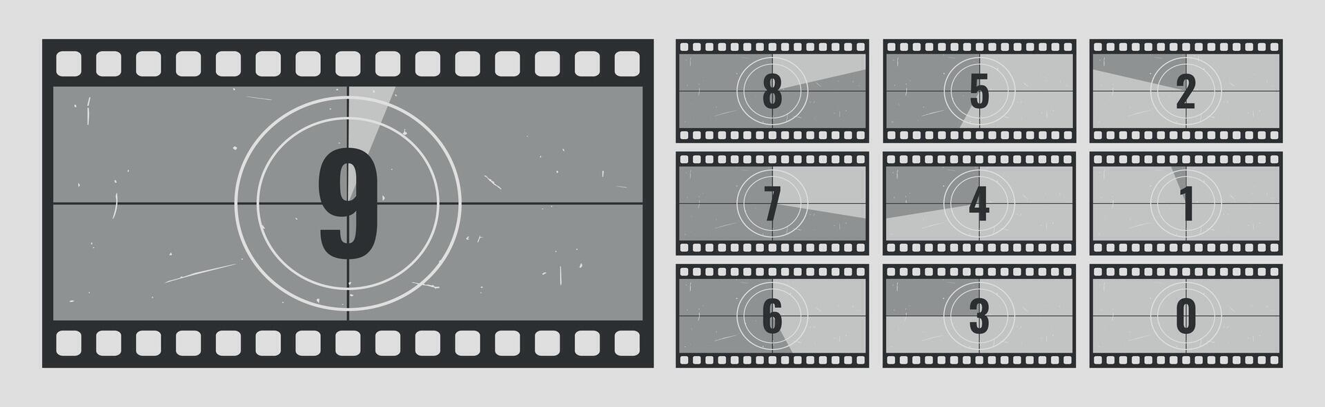 Old movie timer counter in filmstrip frame. Retro cinema countdown backgrounds with grunge texture vector